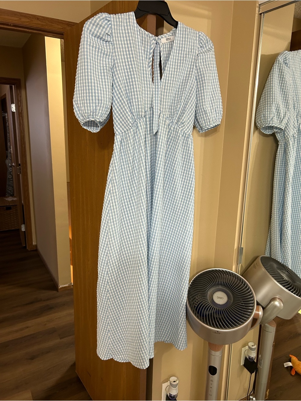 Only Light Blue Gingham Maxi Dress with Puff Sleeves